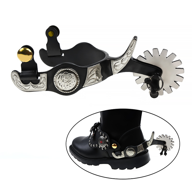 Black Iron Western Spurs with German Silver Trim and Jingle Bobs SP5137
